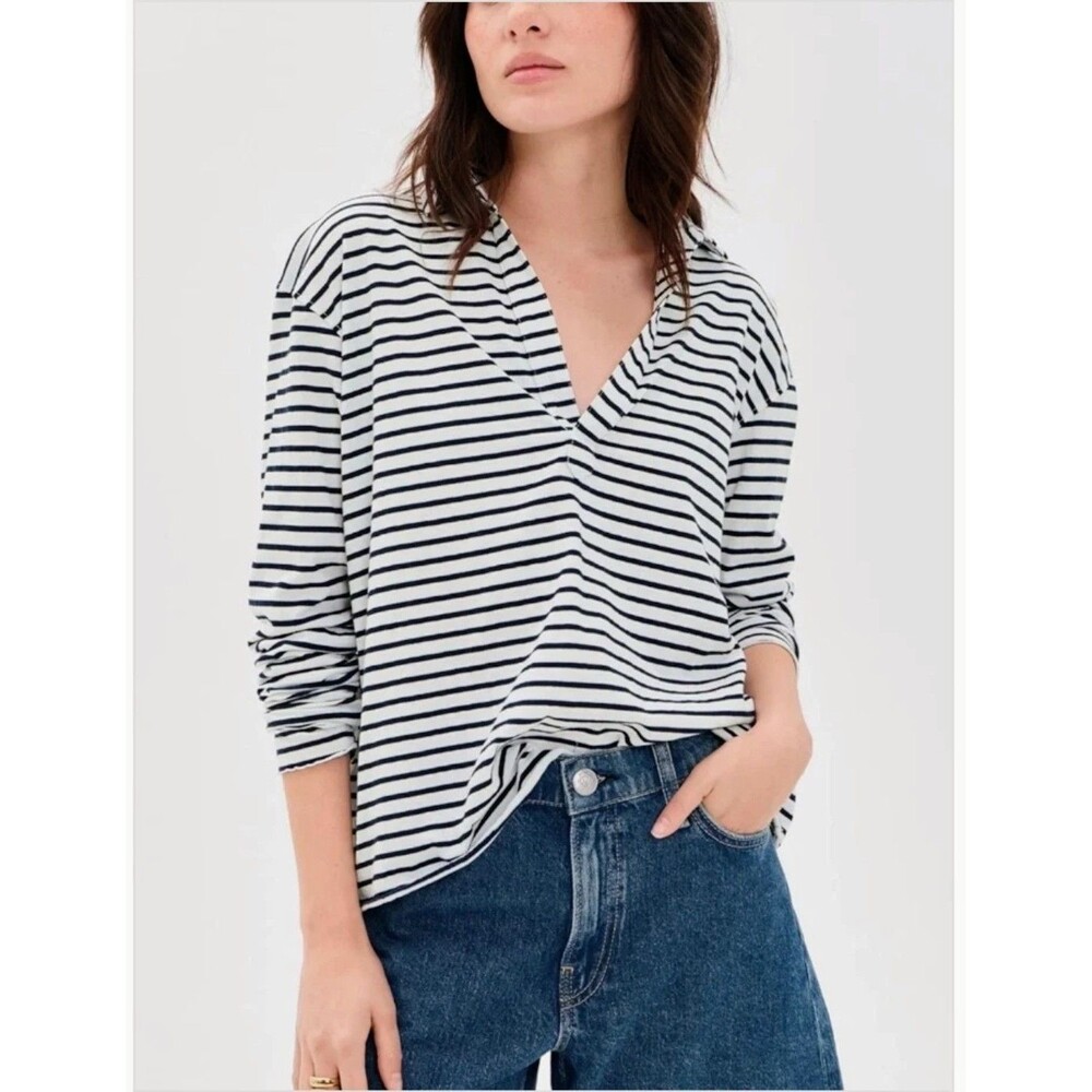 Frank & Eileen Patrick Popover Henley Striped Top Women's XS Black White EUC